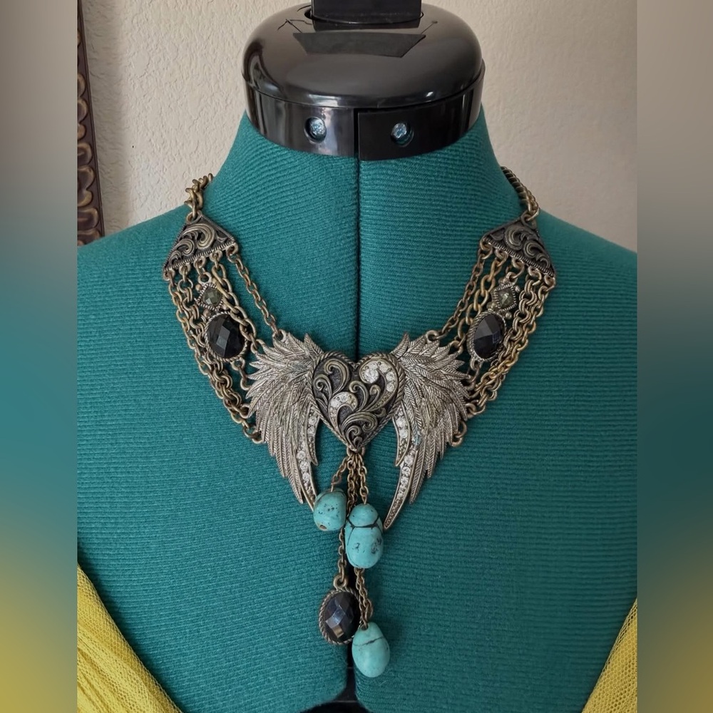 Antique Silver-Tone Winged Heart Necklace with Turquoise Beads